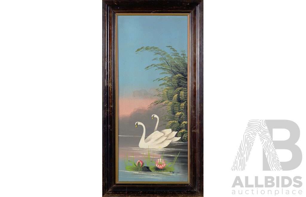 (Possibly) Attributed to William J. Hodgson (19th Century, British,1878-1903), White Swans & Black Swans, Unique Pair of Vintage Oil on Heavy Cardboard Works, in Original Frames, 98 x 48 cm (frames) (2)