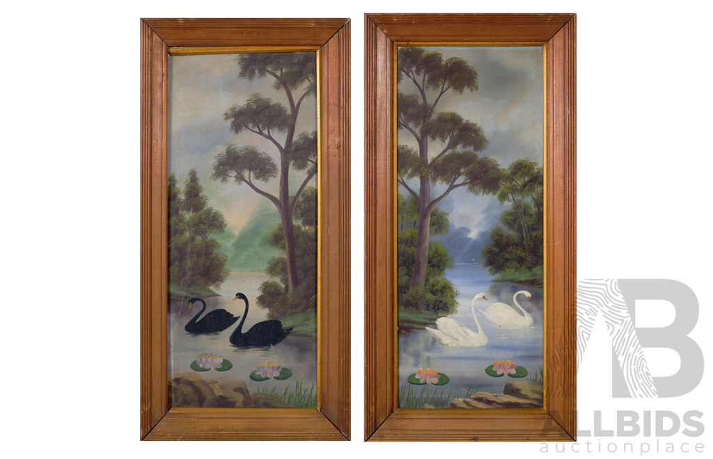 (Possibly) Attributed to William J. Hodgson (19th Century, British,1878-1903), White Swans & Black Swans, Unique Pair of Vintage Oil on Heavy Cardboard Works, in Original Frames, 98 x 48 Cm (frames) (2)