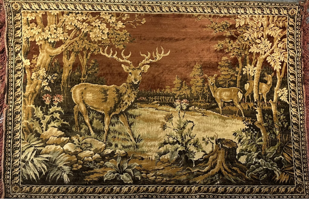 Large Retro Vintage Hanging Wall Tapestry, Deers in the Forest, Velvet Feel, 116 x 171 cm