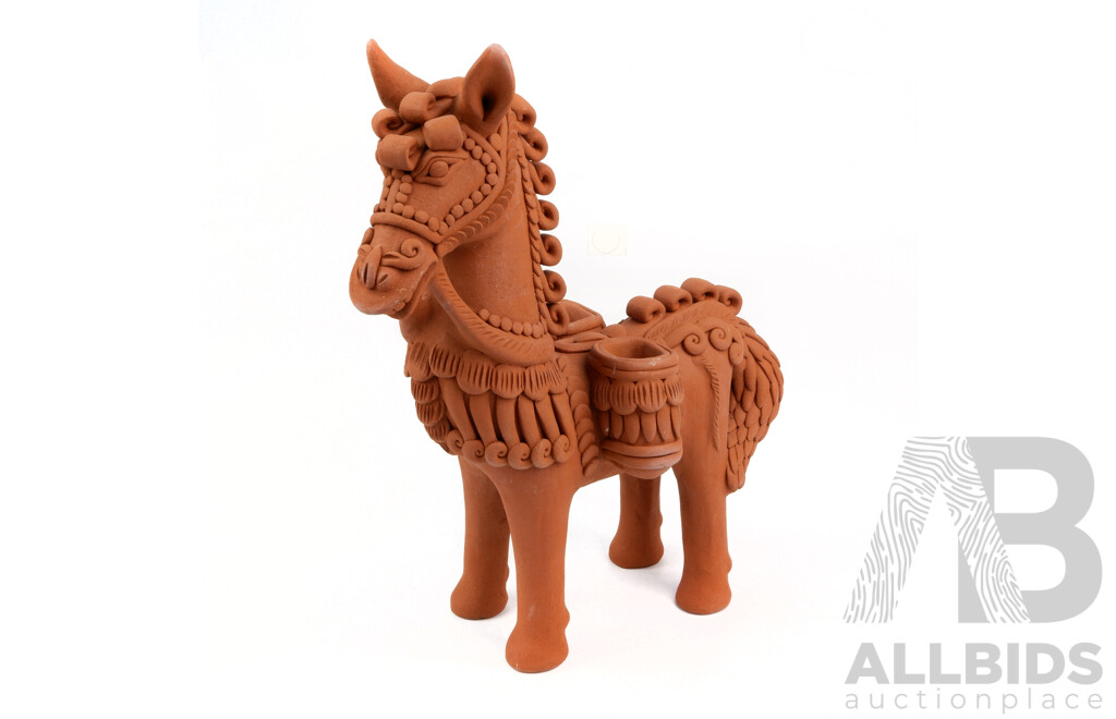 Hand Made Terracotta Sculpture of Horse with Saddle Baskets