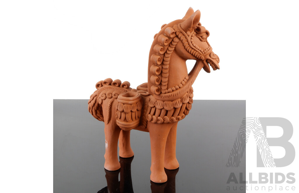 Hand Made Terracotta Sculpture of Horse with Saddle Baskets