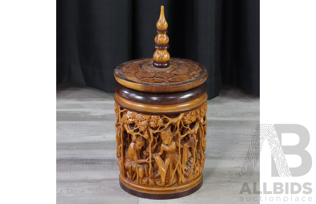 Heavily Carved Indian Teak Lidded Vessel