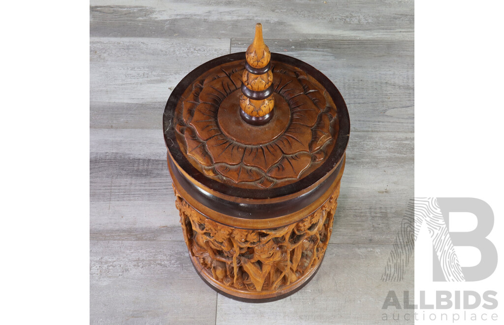 Heavily Carved Indian Teak Lidded Vessel