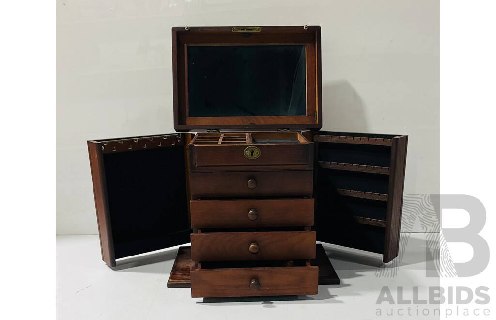 Wooden Jewellery Box with Lock, Fold Out Sides and Lift Up Lid