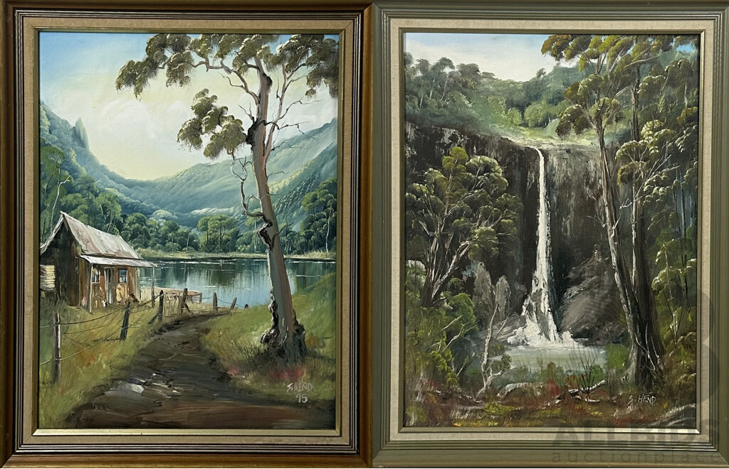 Susan Hend Russell, (20th Century, Australian, 1954-), Edinburgh Falls, Wauchope and Bush Cottage by Dam, Pair of Oil on Canvas Boards, 70 x 55 cm (frames) (2)