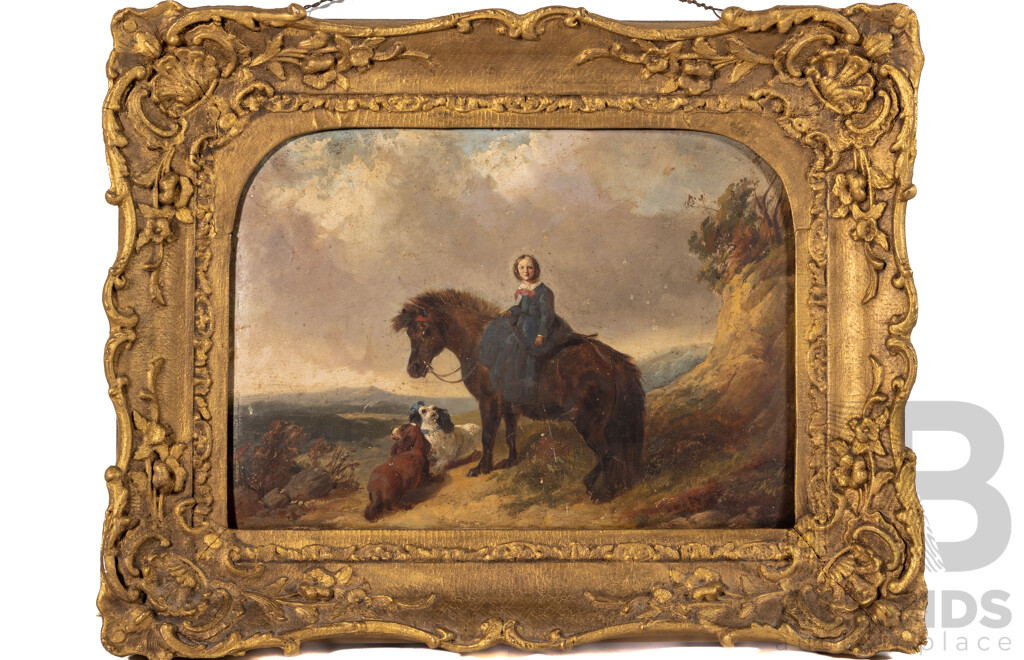 Artist Unknown, (English School, Late 19th Century), Little Girl on Pony with Dogs, Victorian Antique Oil on Card, 39 x 49 cm (frame)
