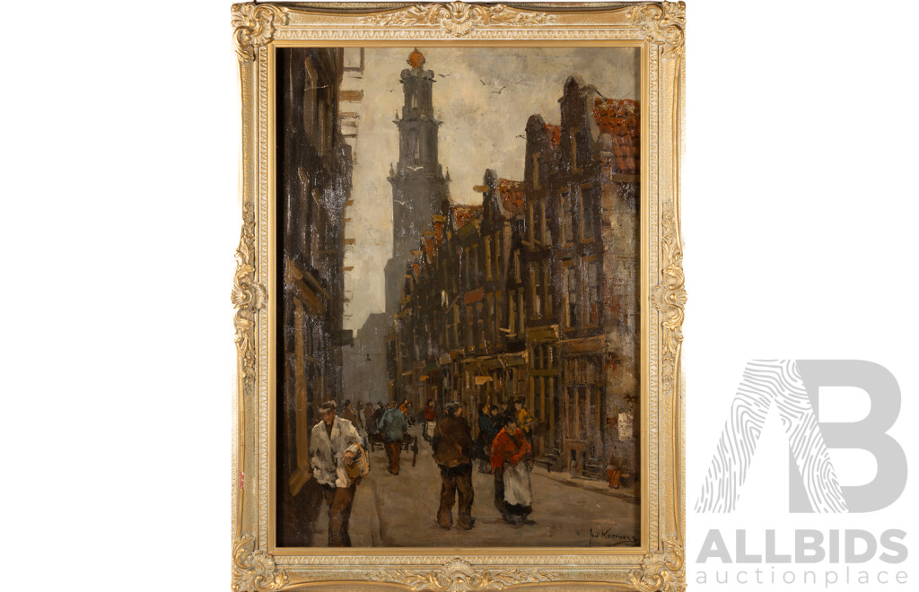Jan Korthals, (20th Century, Dutch, 1916-1972), Wester Tower Amsterdam Street, (c1940s), Vintage Oil on Canvas Cloth, 89 x 68 cm (frame)