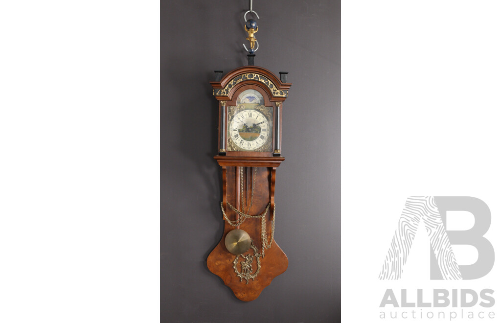 Vintage Timber Cased Wall Clock with Sun Dial and Three Train Movement