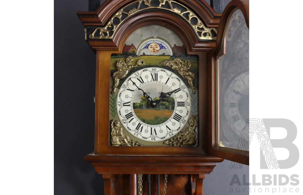 Vintage Timber Cased Wall Clock with Sun Dial and Three Train Movement