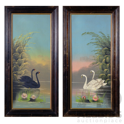 (Possibly) Attributed to William J. Hodgson (19th Century, British,1878-1903), White Swans & Black Swans, Unique Pair of Vintage Oil on Heavy Cardboard Works, in Original Frames, 98 x 48 cm (frames) (2)