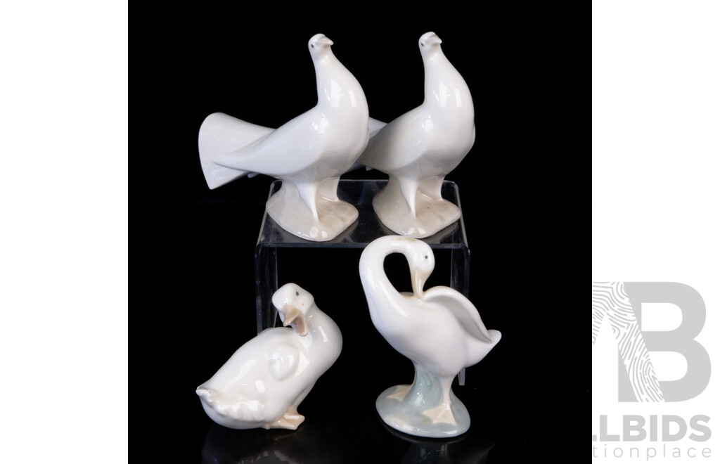 Pair Nao Porcelain Dove Figures, Nao Duck Figure and Lladro Duck Figure