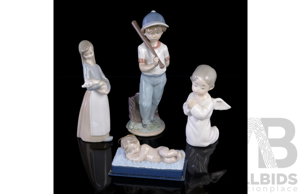 Four Lladro Porcelain Figures Comprising Boy with Bat, Girl with Piglet, Reclining Cherub & Praying Cherub