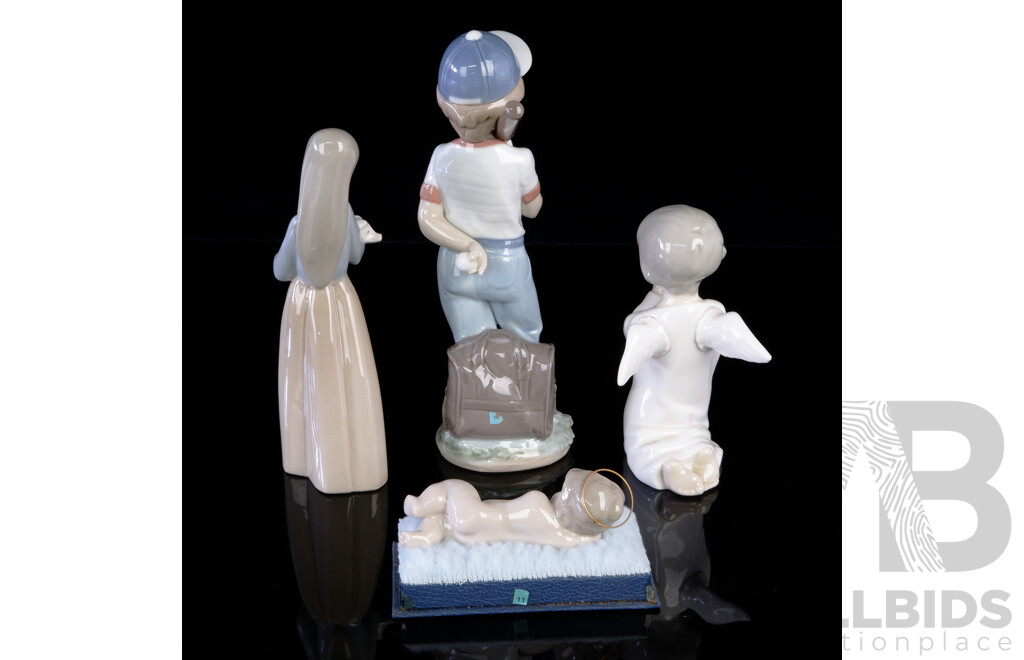 Four Lladro Porcelain Figures Comprising Boy with Bat, Girl with Piglet, Reclining Cherub & Praying Cherub