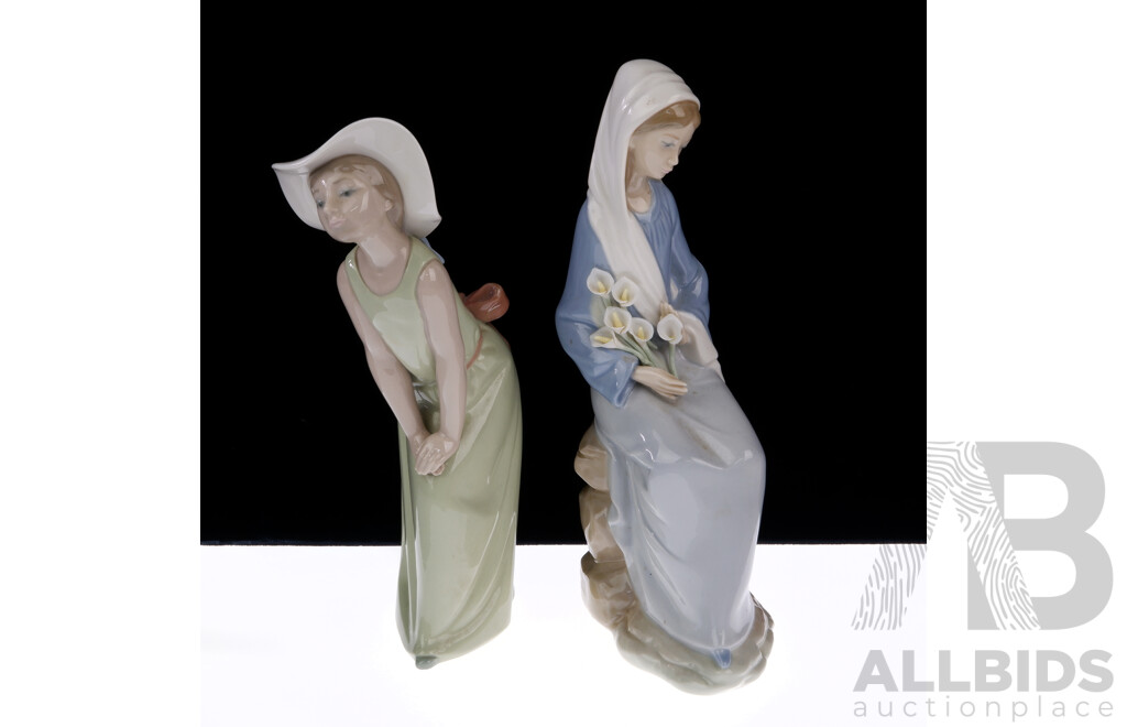 Two Lladro Porcelain Figures Comprising Youth with Lilies and Girl with Hat and Bow