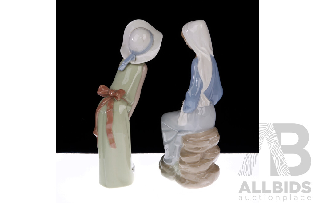 Two Lladro Porcelain Figures Comprising Youth with Lilies and Girl with Hat and Bow