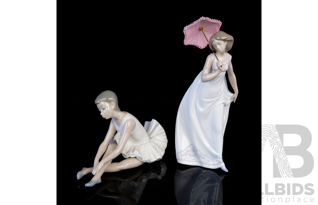 Lladro Collectors Society Edition Porcelain Girl with Parasol Figure, Signed to Base Along with Nao Porcelain Ballerina Figure