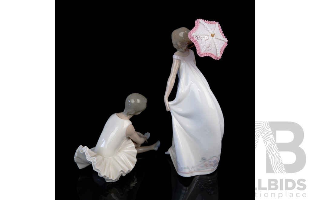 Lladro Collectors Society Edition Porcelain Girl with Parasol Figure, Signed to Base Along with Nao Porcelain Ballerina Figure