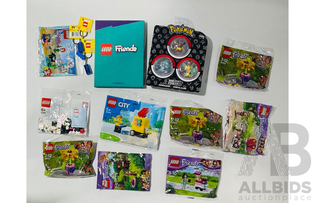 Collection of Lego Poly Bags From Various Brands, LEGO Friends Notebook and Pokemon Keychains