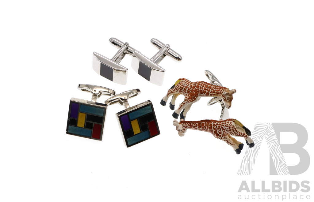 Collection of (3) Pairs of Cufflinks Including Giraffe Cuff Links, All Boxed as New