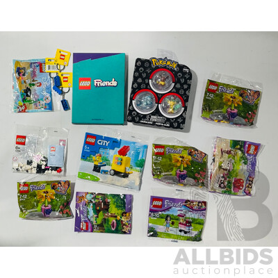 Collection of Lego Poly Bags From Various Brands, LEGO Friends Notebook and Pokemon Keychains