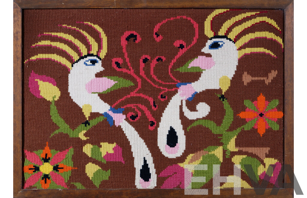 Vintage 1960s Scandinavian, Birds and Flowers, Wool Tapestry, 68 x 96 cm (frame)