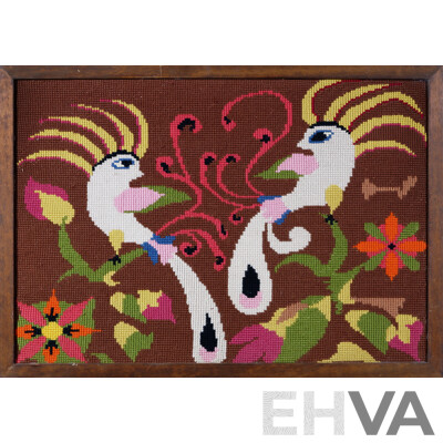 Vintage 1960s Scandinavian, Birds and Flowers, Wool Tapestry, 68 x 96 cm (frame)