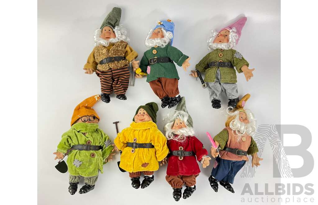 Seven Vintage Dwarf Dolls with Ceramic Hands, Shoes and Faces