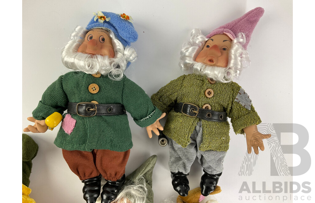 Seven Vintage Dwarf Dolls with Ceramic Hands, Shoes and Faces