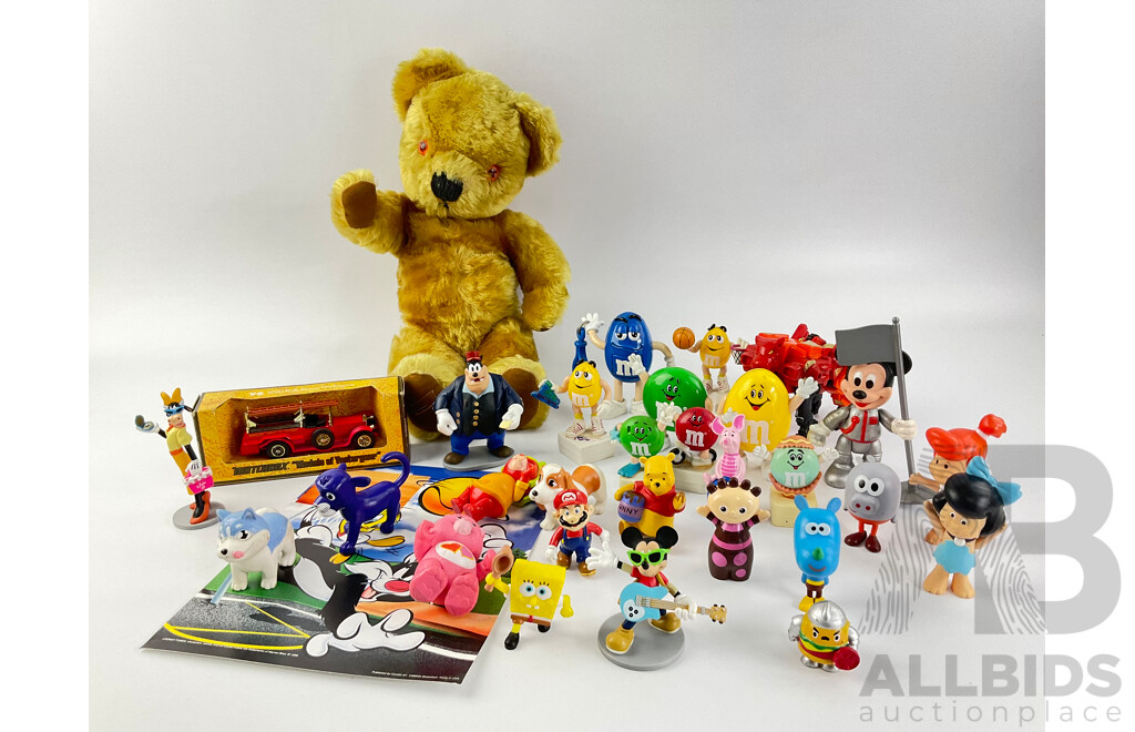 Collection of Figurines Including M&M's, Disney, Hanna Barbera, Matchbox Models of Yesteryear Fire Truck and Teddy Bear