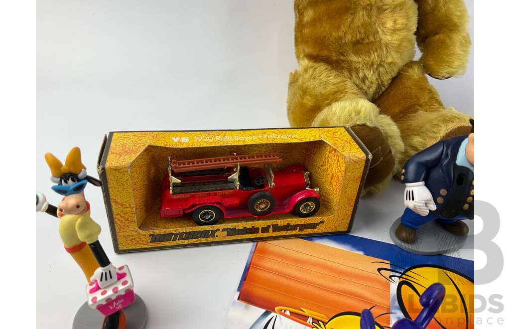 Collection of Figurines Including M&M's, Disney, Hanna Barbera, Matchbox Models of Yesteryear Fire Truck and Teddy Bear