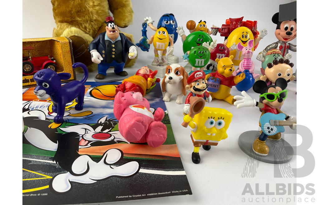 Collection of Figurines Including M&M's, Disney, Hanna Barbera, Matchbox Models of Yesteryear Fire Truck and Teddy Bear