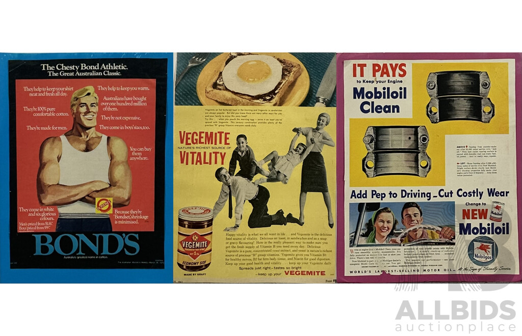 Wonderful Unique Collection of Three Vintage Magazine Advertisements, Vegemite (1961), Bonds (1975) and Mobil Oil (Date Unknown), Colour Ink on Paper, 41 x 30 cm (largest) (3)