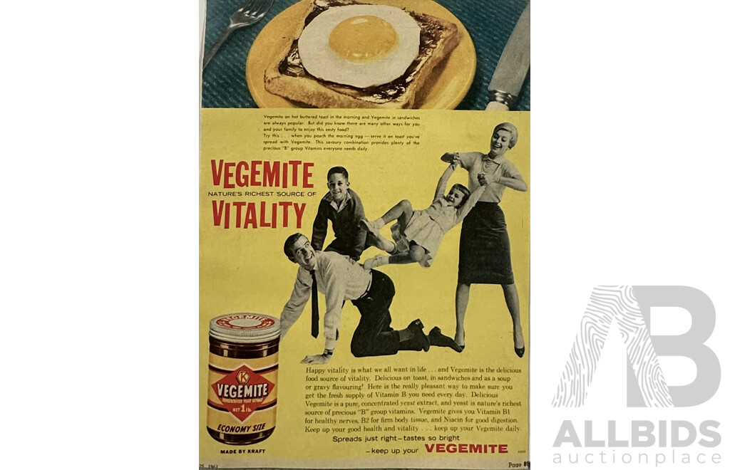 Wonderful Unique Collection of Three Vintage Magazine Advertisements, Vegemite (1961), Bonds (1975) and Mobil Oil (Date Unknown), Colour Ink on Paper, 41 x 30 cm (largest) (3)