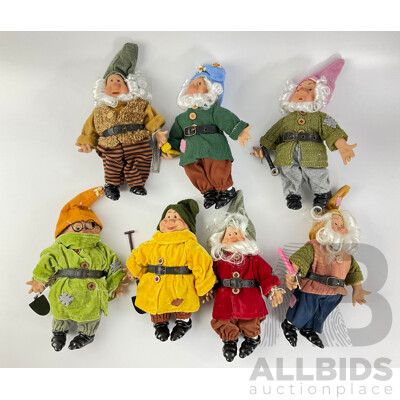 Seven Vintage Dwarf Dolls with Ceramic Hands, Shoes and Faces