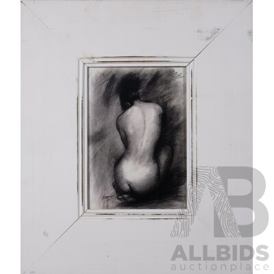 Artist Unknown, Nude Study - Back View, Charcoal on Card, 28 X 19.5 Cm (image)