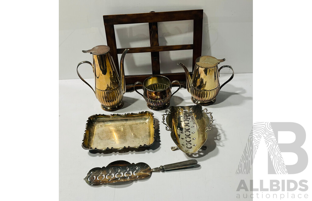 Collection of Vintage Silverplate Kitchenware Including Two Teapots, Display Trays and More