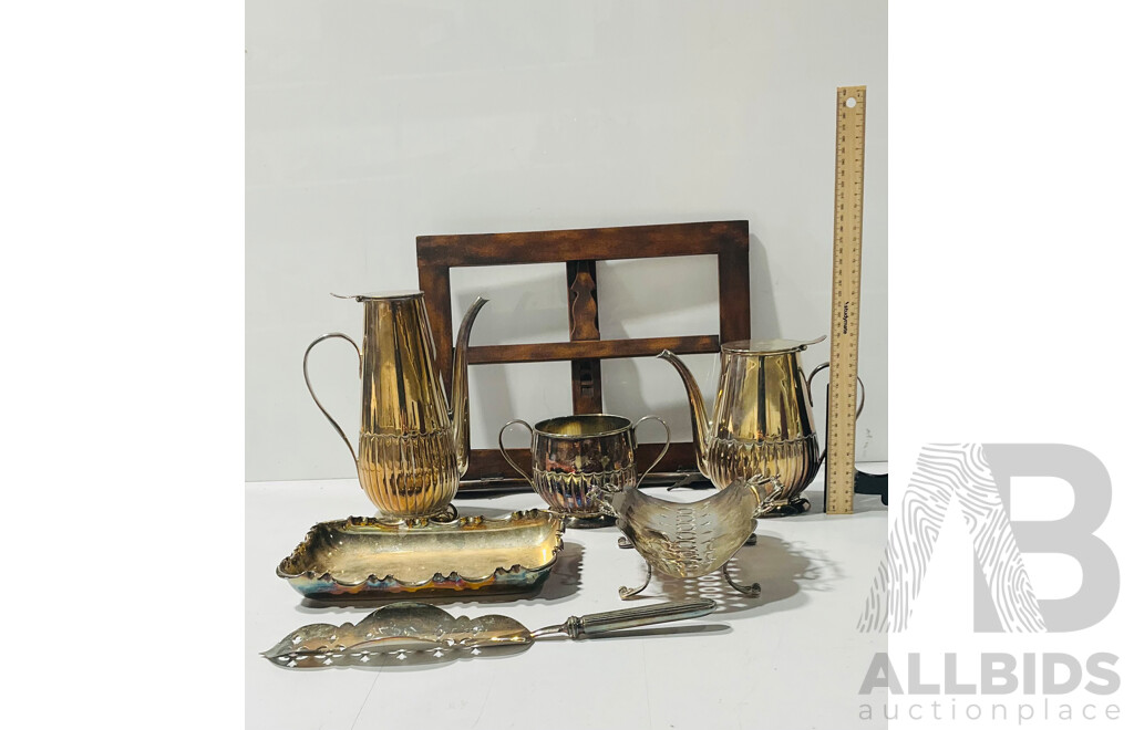 Collection of Vintage Silverplate Kitchenware Including Two Teapots, Display Trays and More