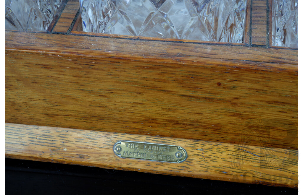 Antique Oak Tantalus with Three Glass Decanters and Stoppers with Lock and Key