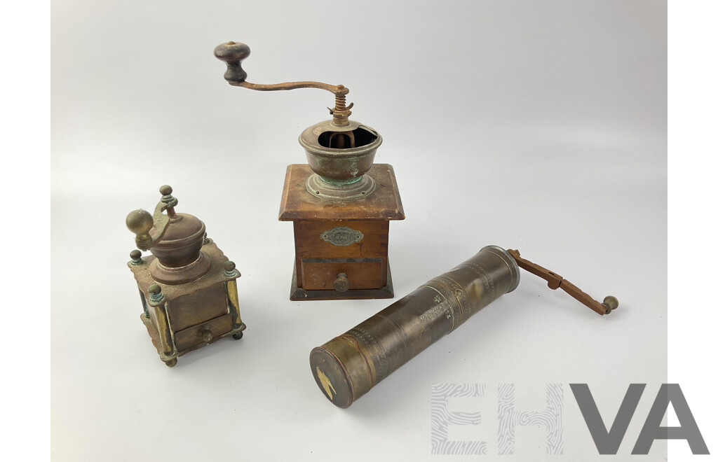 Vintage Kitchen Grinders Including Leinbrocks Ideal Coffee Grinder, Brass Spice and Pepper Grinders