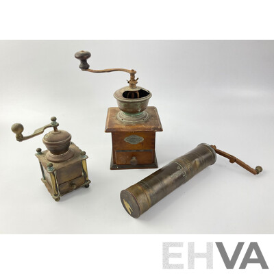 Vintage Kitchen Grinders Including Leinbrocks Ideal Coffee Grinder, Brass Spice and Pepper Grinders
