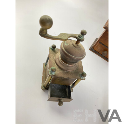 Vintage Kitchen Grinders Including Leinbrocks Ideal Coffee Grinder, Brass Spice and Pepper Grinders