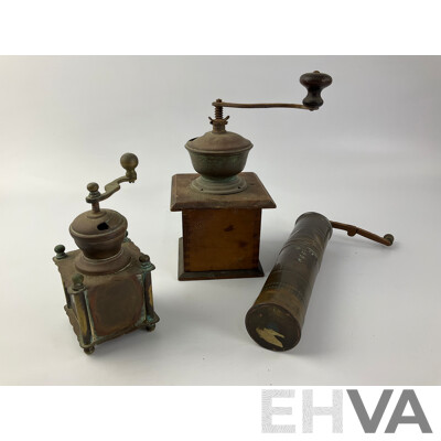 Vintage Kitchen Grinders Including Leinbrocks Ideal Coffee Grinder, Brass Spice and Pepper Grinders