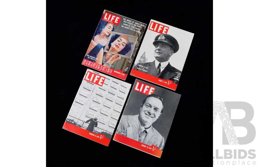 Collection Four Vintage LIFE Magazines Comprising Aug 1943, Jan 1944, Feb 1944, Nov 1959