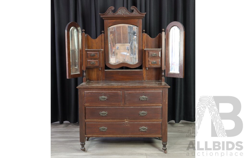 Edwardian Three Drawer Dresser with Wing Mirrors