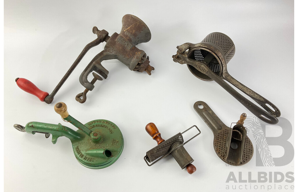 Collection of Vintage Kitchen Items Including Spong & Co LTD Bean Slicer, Magus Garlic Press, Beatrice Harper Meat Grinder and Cheese Graters