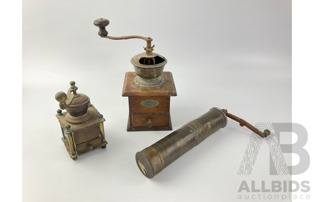 Vintage Kitchen Grinders Including Leinbrocks Ideal Coffee Grinder, Brass Spice and Pepper Grinders