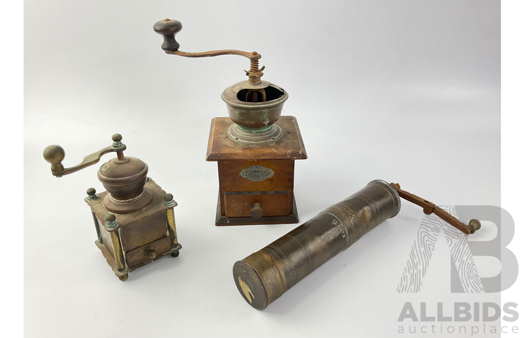 Vintage Kitchen Grinders Including Leinbrocks Ideal Coffee Grinder, Brass Spice and Pepper Grinders