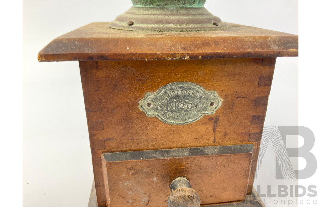 Vintage Kitchen Grinders Including Leinbrocks Ideal Coffee Grinder, Brass Spice and Pepper Grinders