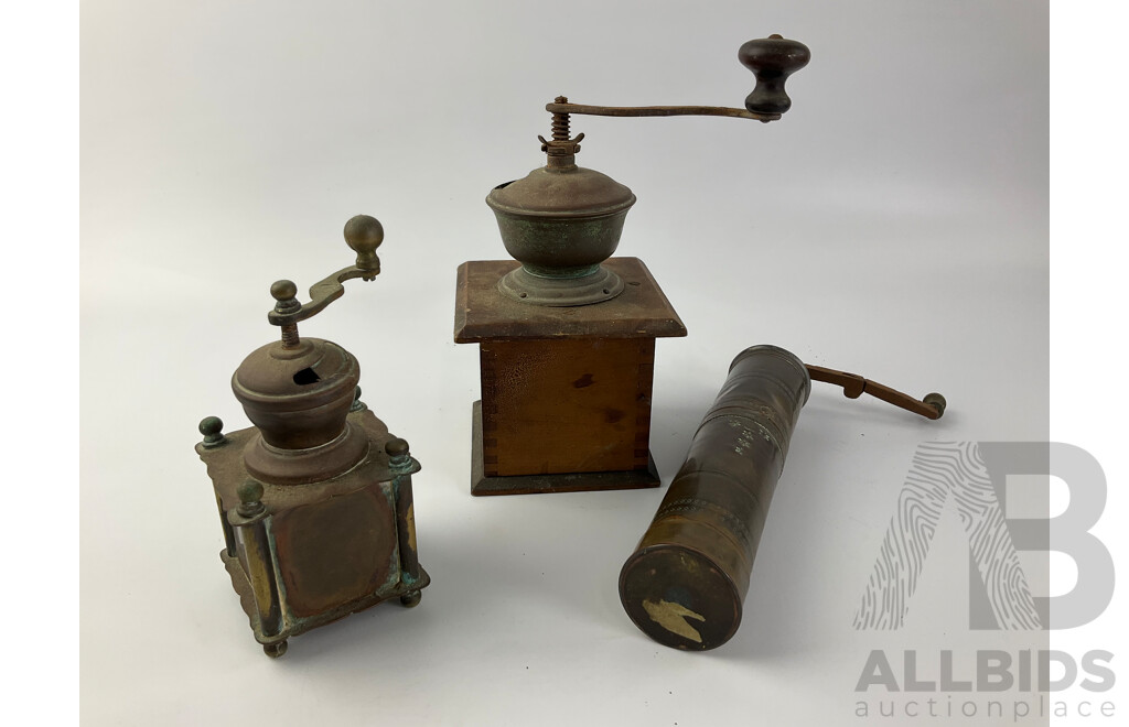 Vintage Kitchen Grinders Including Leinbrocks Ideal Coffee Grinder, Brass Spice and Pepper Grinders