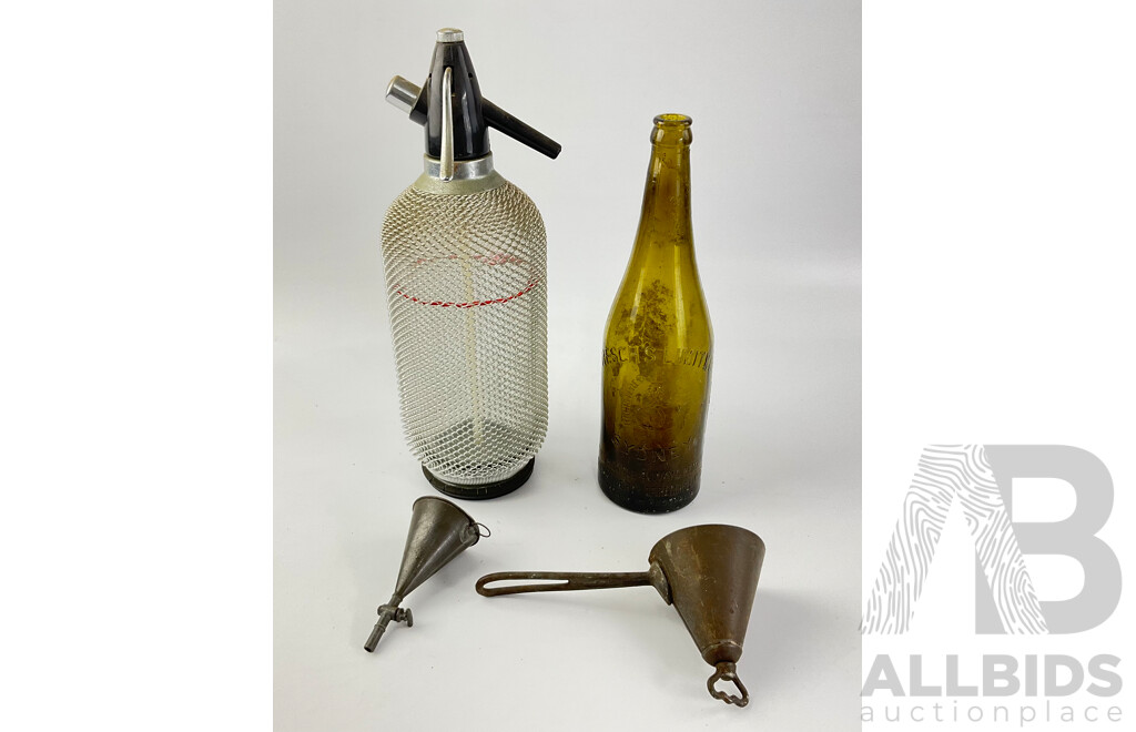 Vintage Soda Siphon, Resch's Limited Sydney Beer Bottle, 1940's Tin Funnel with Tap and Cone Sifter